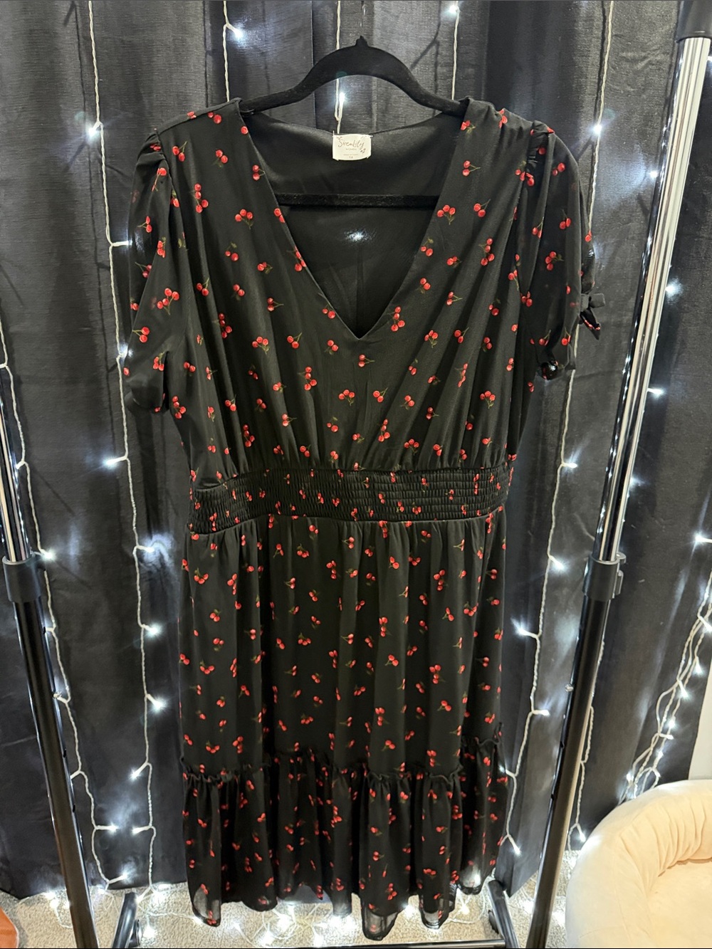 Cherry-Print Black V-Neck Dress